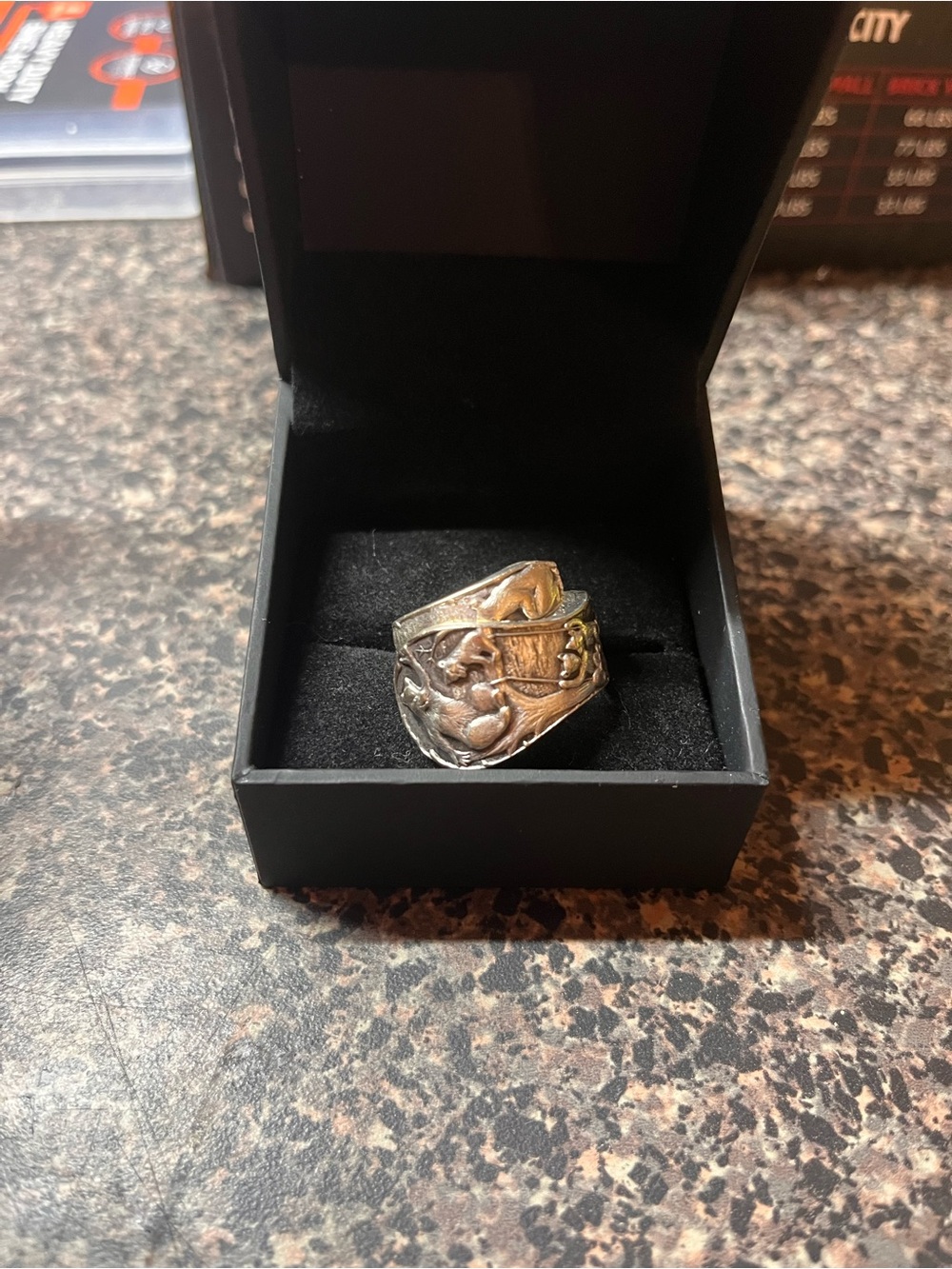 Sterling Silver plate Carved Animal Motif Ring - Black